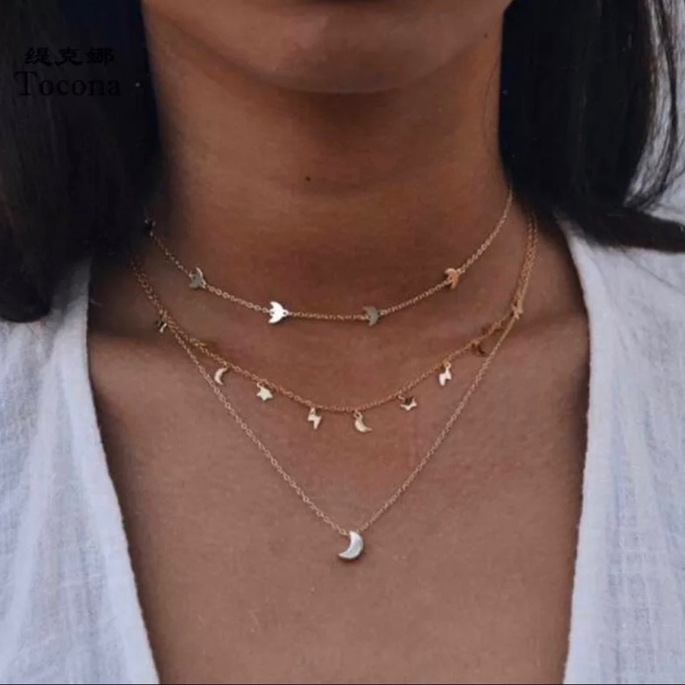 Lightning Moon & Star Charm Gold Layer Necklace